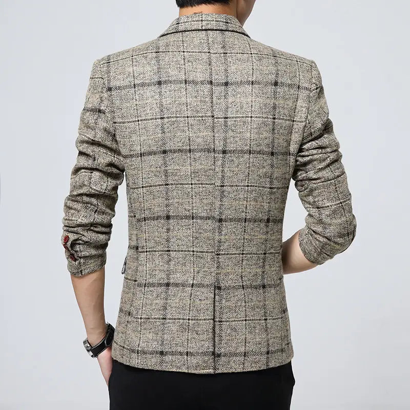 Men Lapel Collar Plaid Print one Button Tweed Blazer