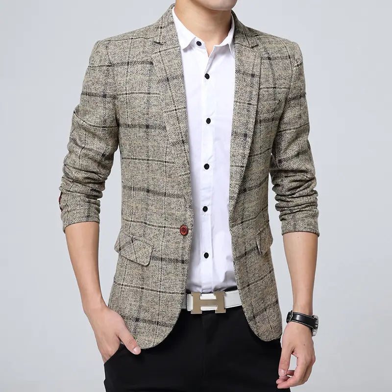 Men Lapel Collar Plaid Print one Button Tweed Blazer