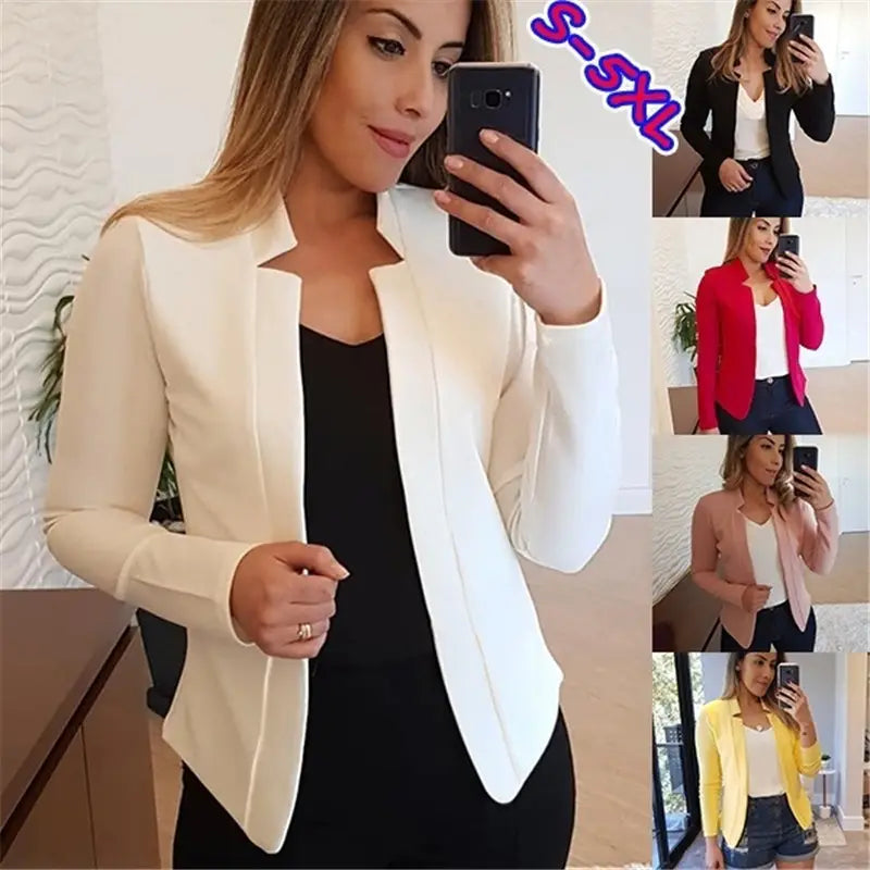 Solid High Stretch Open Front Notch Neck Blazer