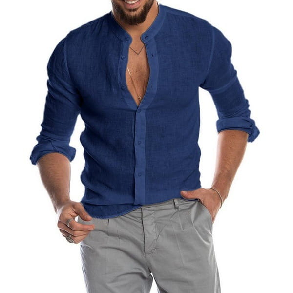 Men Stand Neck Linen Cardigan Shirt