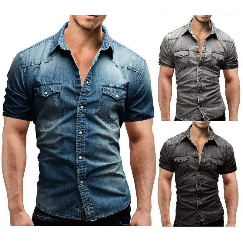 Men Lapel Collar Flap Pocket Buttoned Denim Shirt