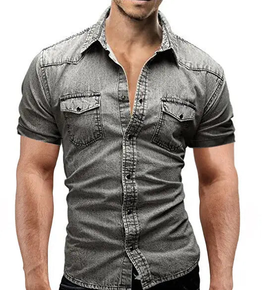 Men Lapel Collar Flap Pocket Buttoned Denim Shirt