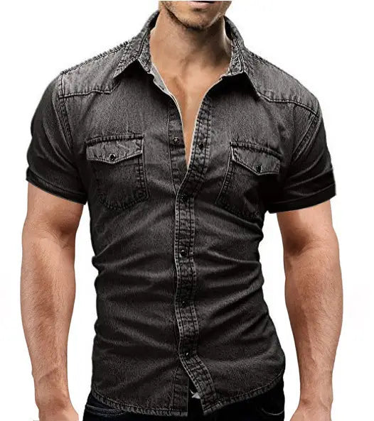 Men Lapel Collar Flap Pocket Buttoned Denim Shirt