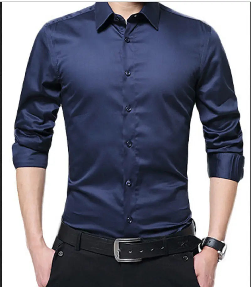 Men Buttoned Slim Fit Lapel Collar Long Sleeve Shirt