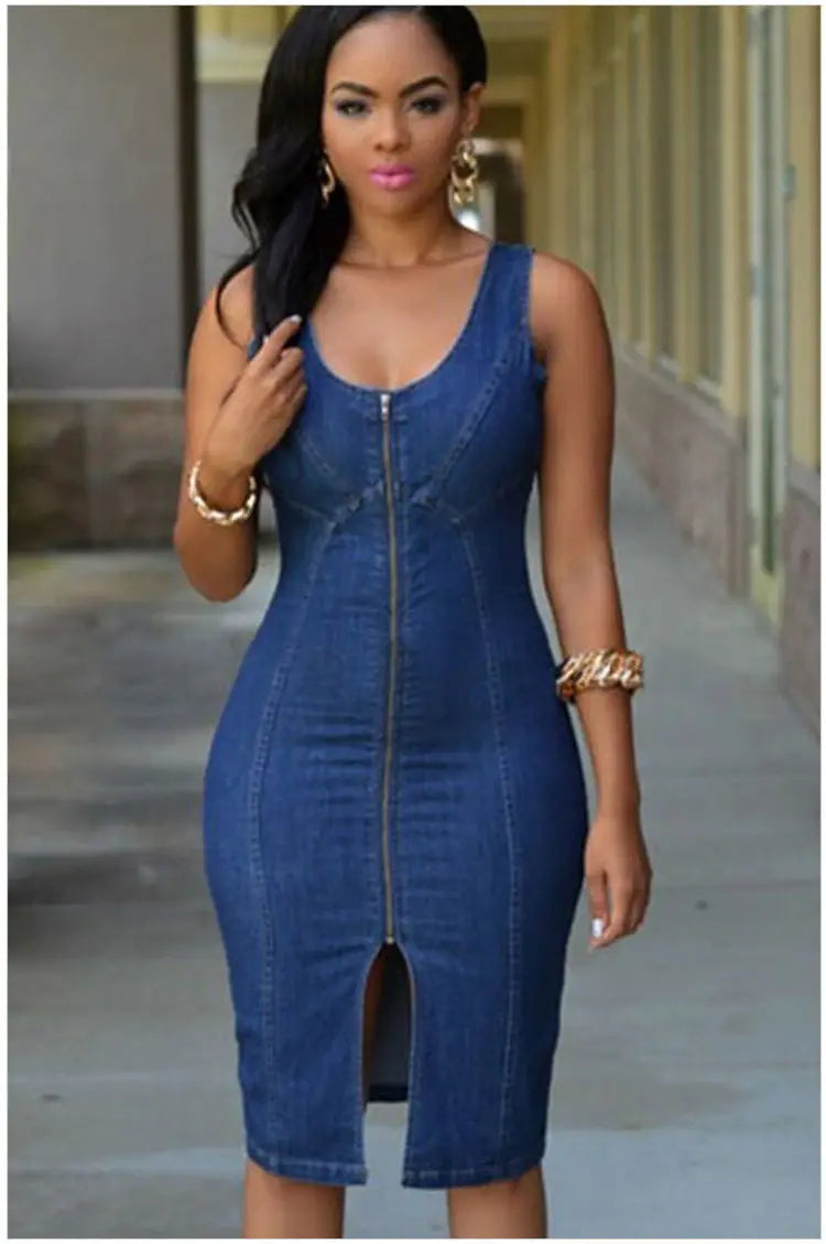 Zip Up Front Split Bodycon Denim Tank Dress