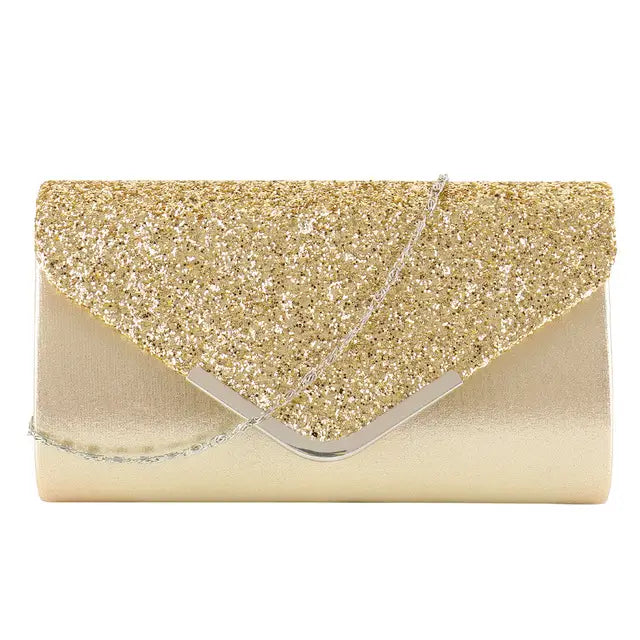 Metal Decor Satin Glitter Chain Clutch Bag