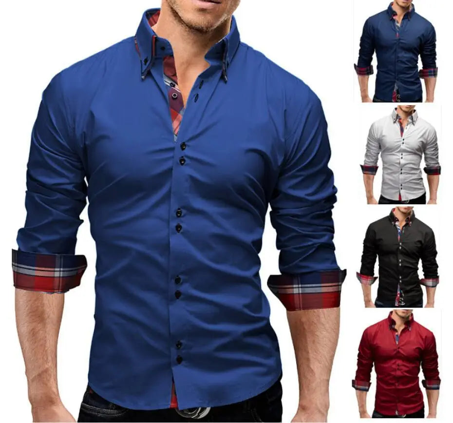 Men Lapel Collar Contrast Plaid Print Hem Solid Shirt