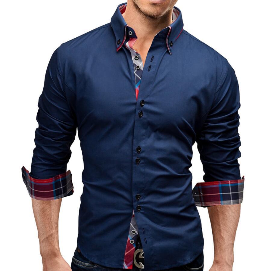 Men Lapel Collar Contrast Plaid Print Hem Solid Shirt