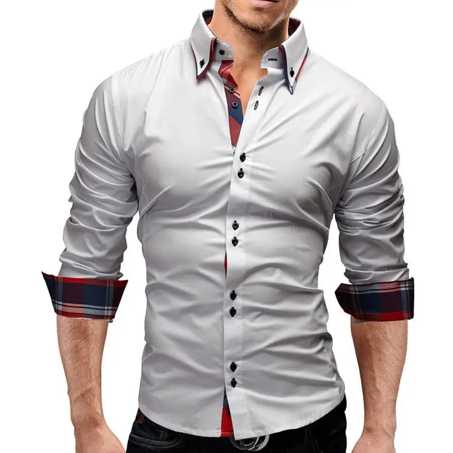 Men Lapel Collar Contrast Plaid Print Hem Solid Shirt