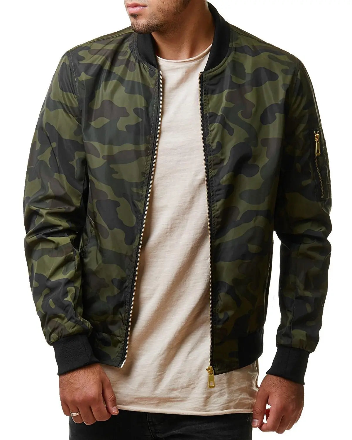 Men Left Arm Zip Pocket Camo Print Bomber Jacket