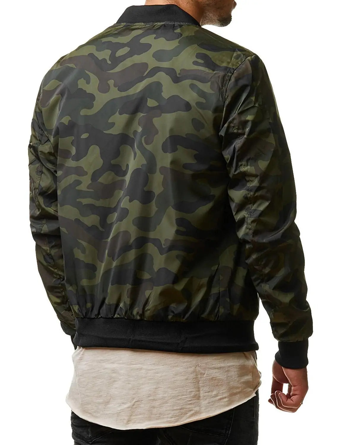 Men Left Arm Zip Pocket Camo Print Bomber Jacket