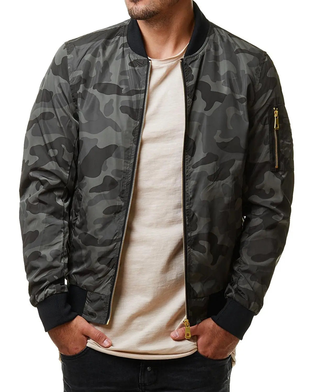 Men Left Arm Zip Pocket Camo Print Bomber Jacket