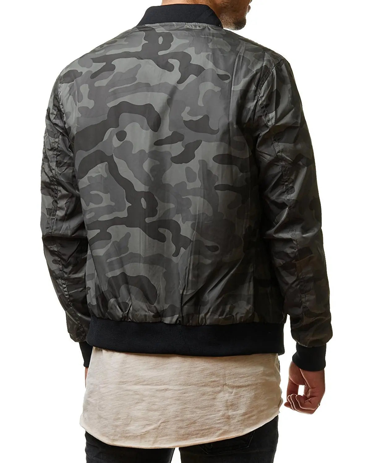 Men Left Arm Zip Pocket Camo Print Bomber Jacket