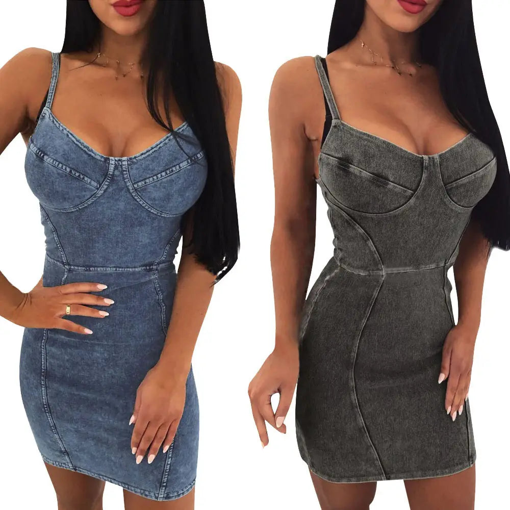 Seam Detail Bustier Bodycon Cami Denim Dress