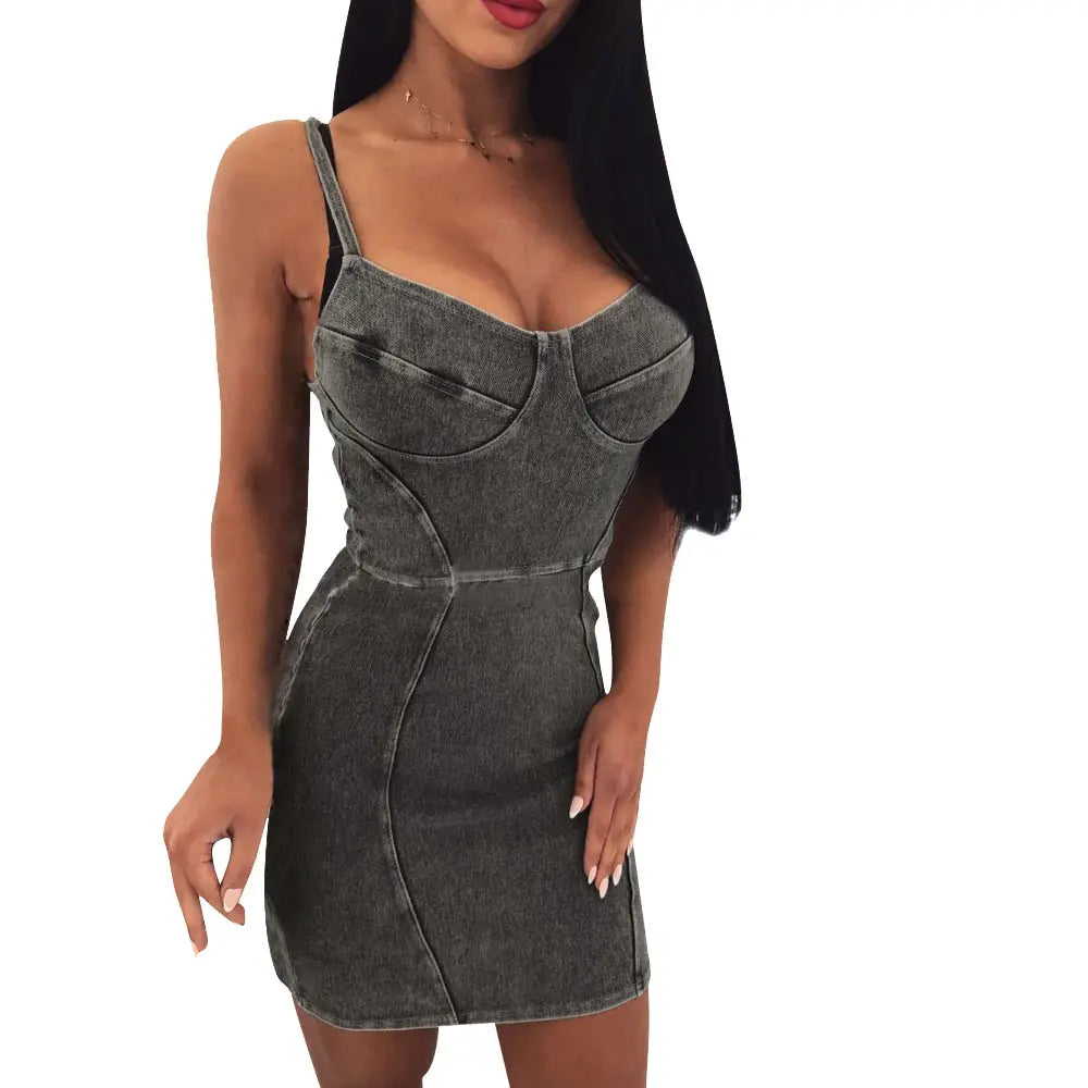 Seam Detail Bustier Bodycon Cami Denim Dress