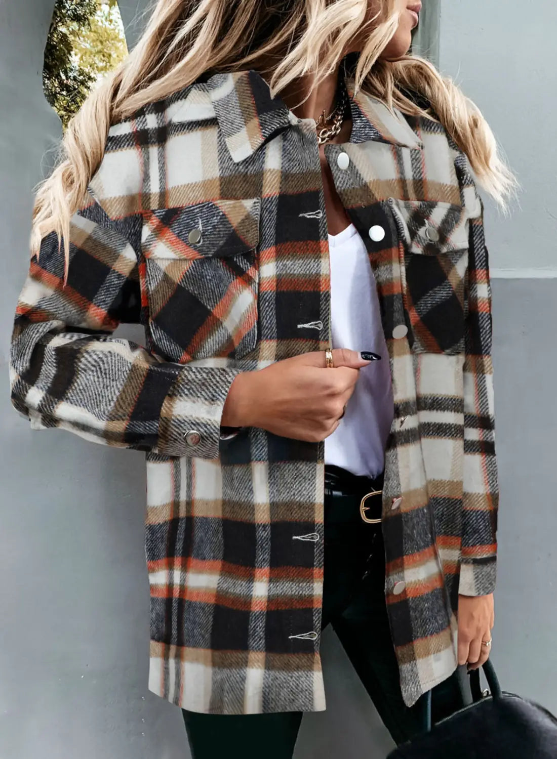 Plaid Print Flap Pocket Woolen Shirt Jacket