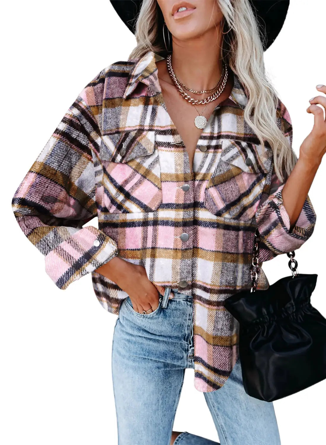 Plaid Print Flap Pocket Woolen Shirt Jacket