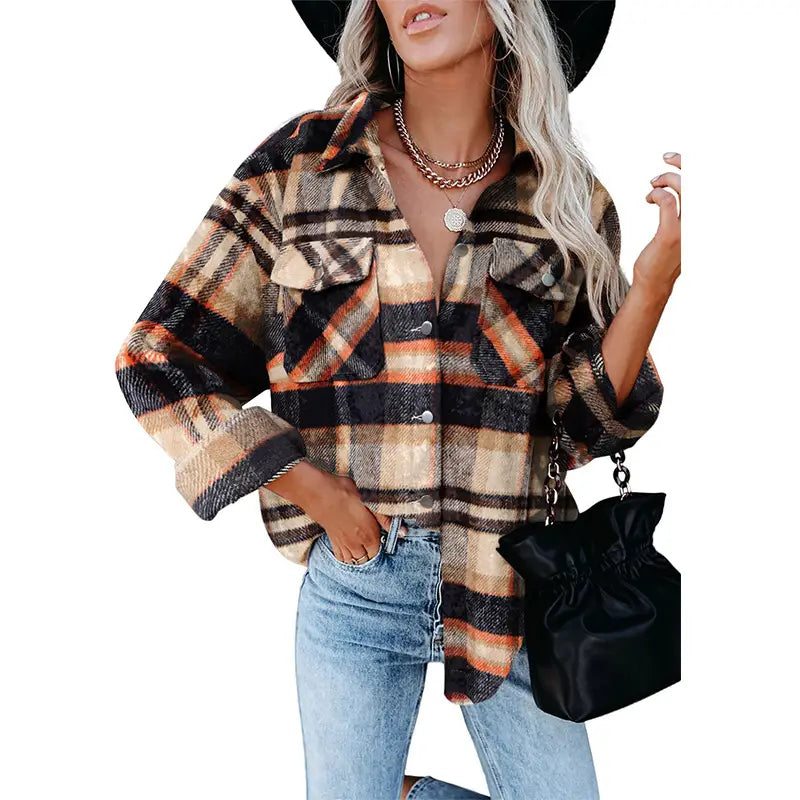 Plaid Print Flap Pocket Woolen Shirt Jacket