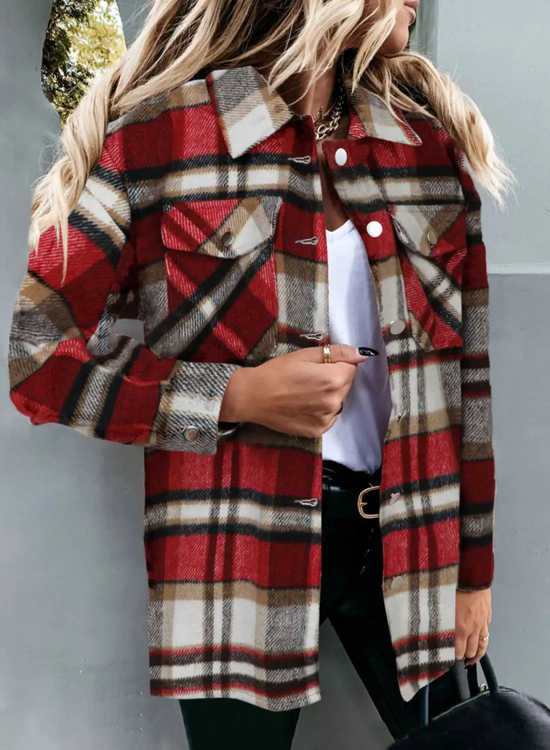 Plaid Print Flap Pocket Woolen Shirt Jacket