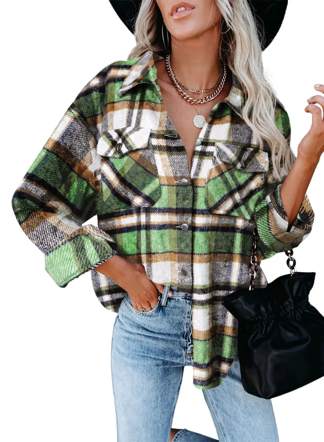 Plaid Print Flap Pocket Woolen Shirt Jacket