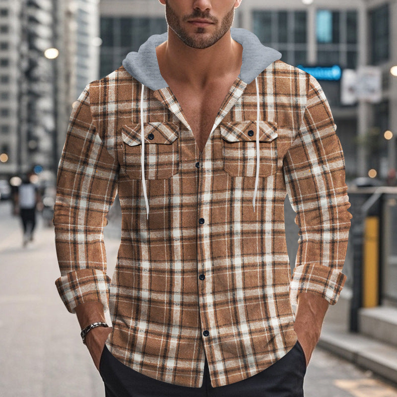 Men Flap Pocket Drawstring Hooded Plaid Shirt