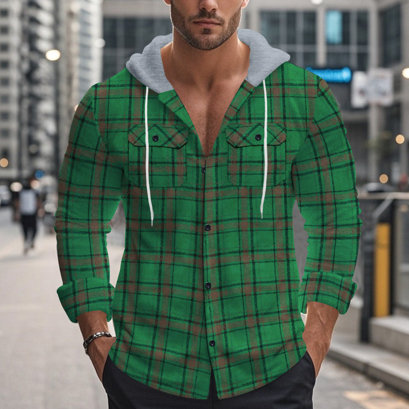 Men Flap Pocket Drawstring Hooded Plaid Shirt