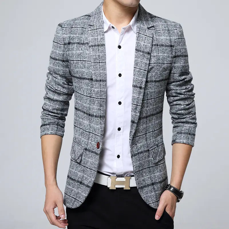 Men Lapel Collar Plaid Print one Button Tweed Blazer