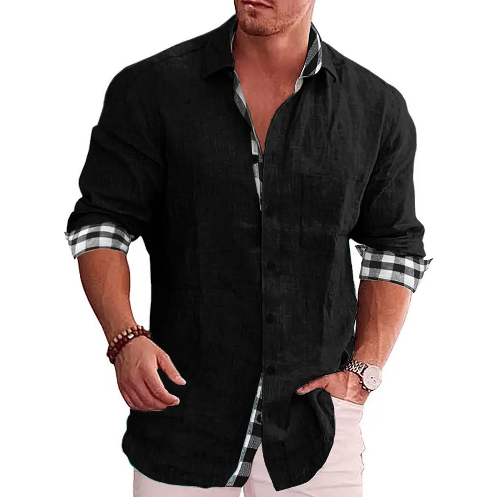 Men Lapel Collar Contrast Plaid Border Solid Button Up Shirt