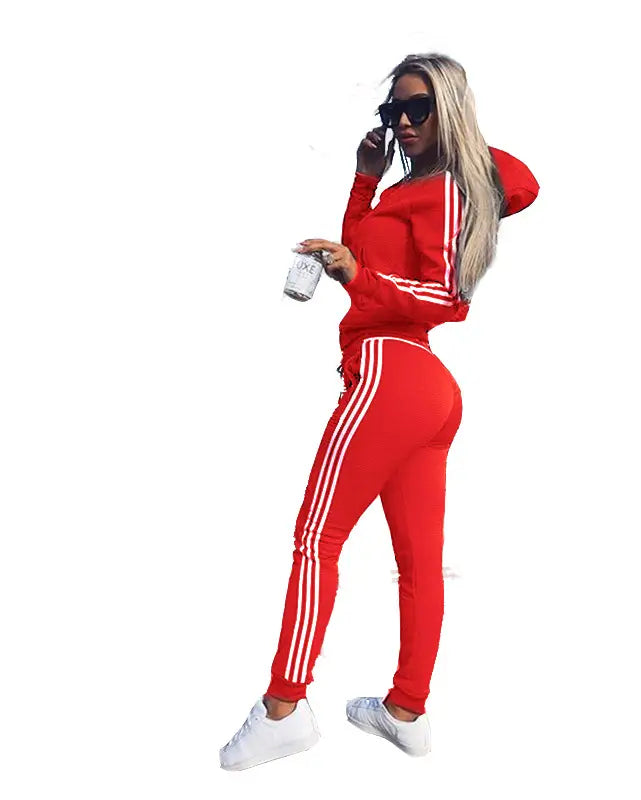 Triple Side Stripe Hooded Zip Jacket & Jogger Pants Sports Set