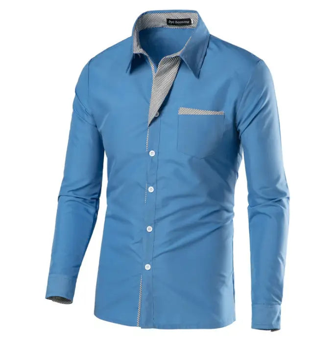 Men Lapel Collar Two Tone Front Pocket Buttoned Shirt