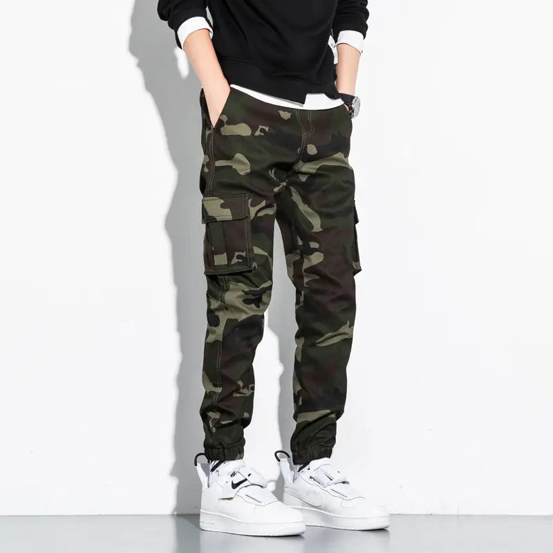 Men Camo Print Drawstring Multi-pocket Cargo Sports Pants