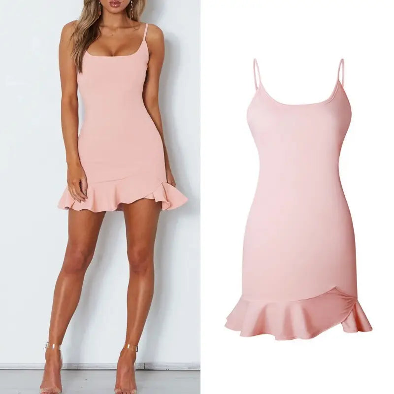 Square Neck Ruffle Hem Adjustable Strap Bodycon Cami Dress