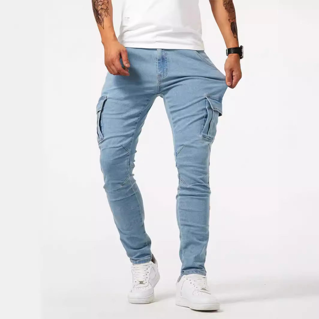 Men Flap Pocket High Stretch Cargo Denim Skinny Jeans