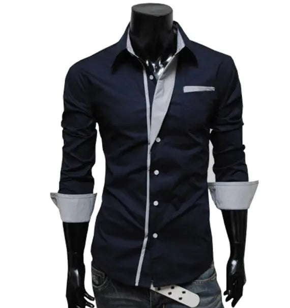 Men Lapel Collar Two Tone Front Pocket Buttoned Shirt