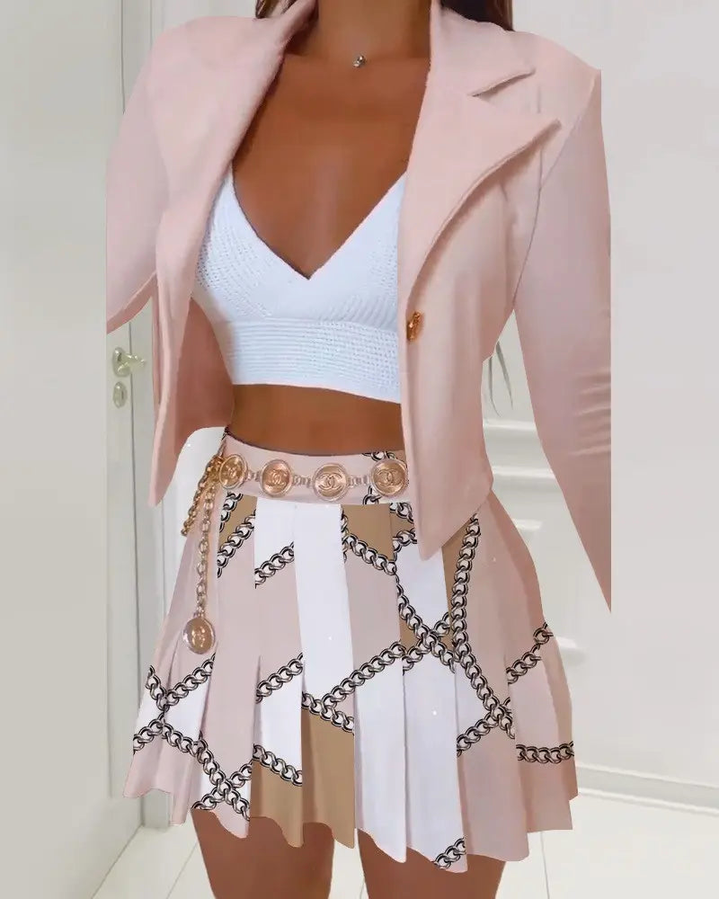 Lapel Collar Single Breasted Crop Blazer & Pleated Mini Skirt