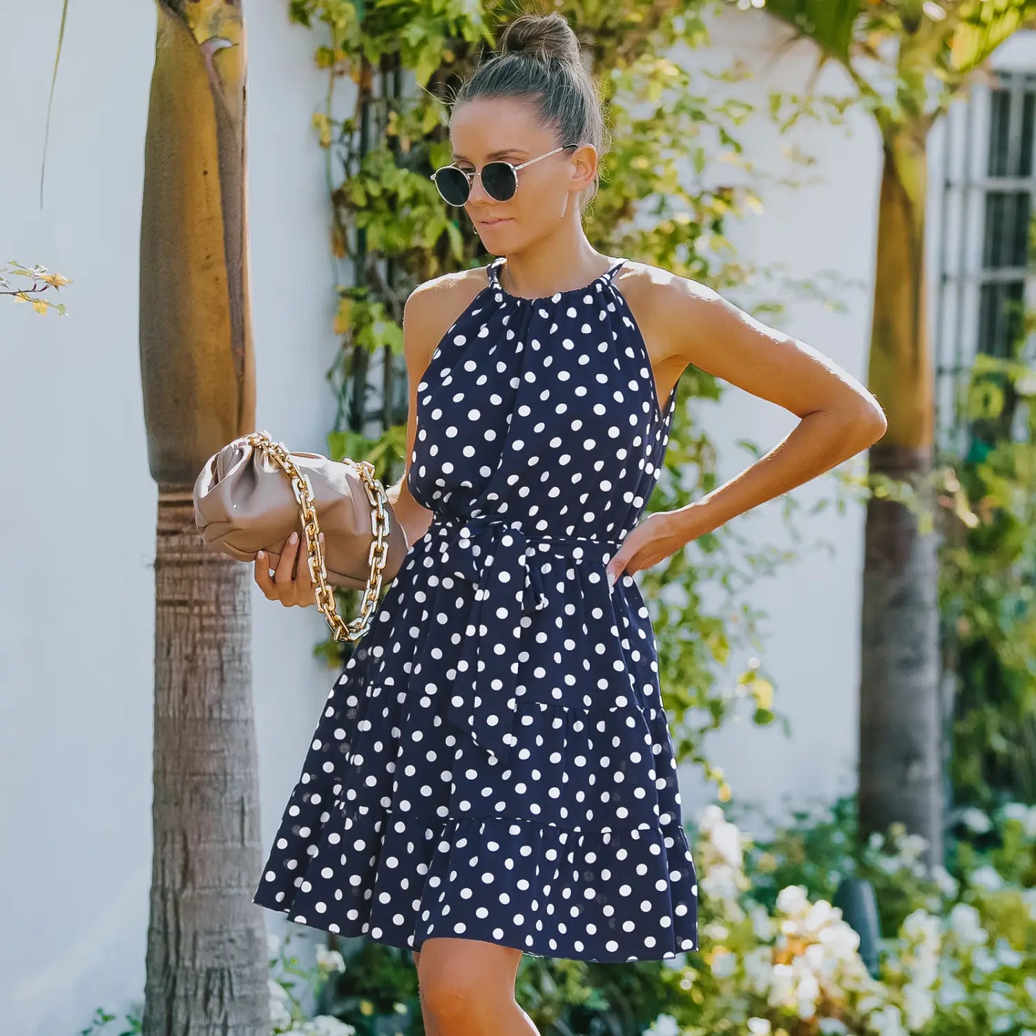 Round Neck Sleeveless Belted Polka Dot Dress