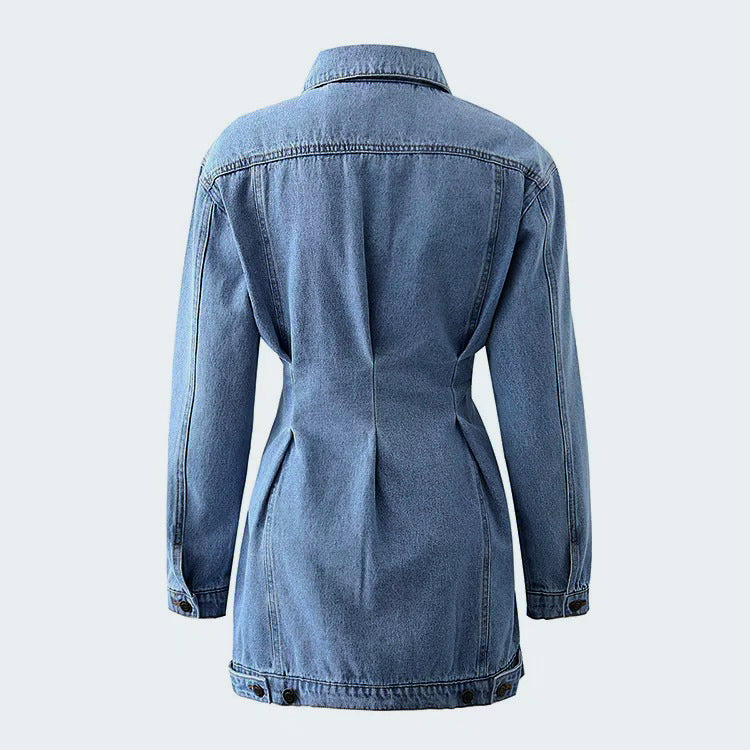 Lapel Collar Front Buttoned Long Sleeve Denim Jacket Dress