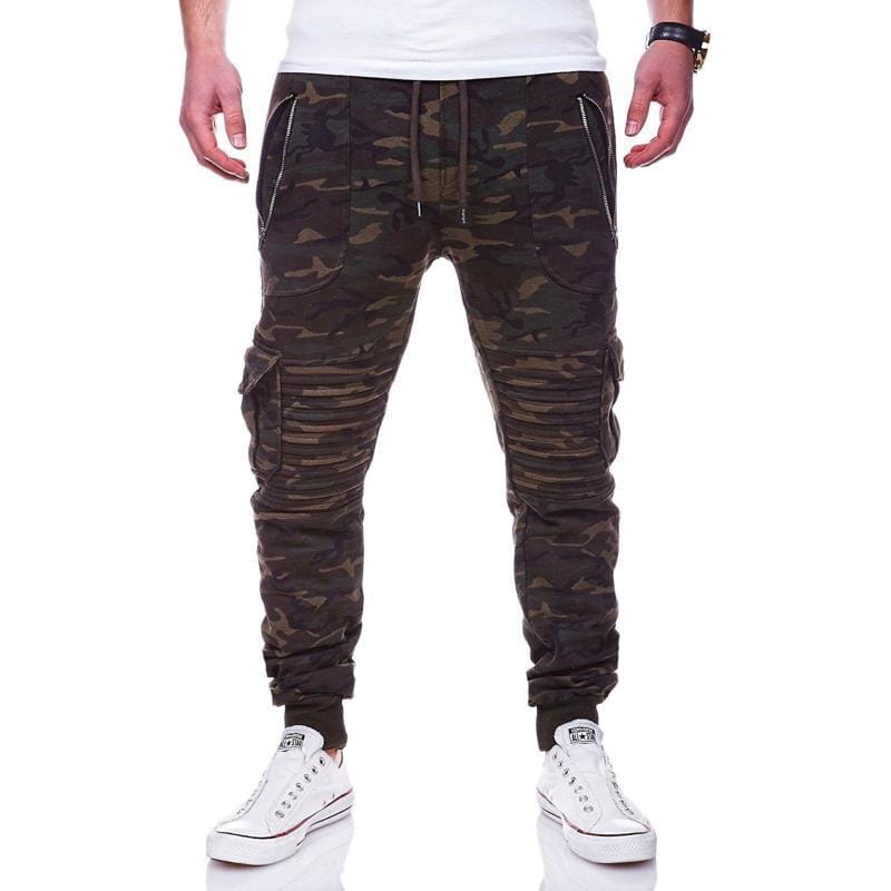 Men Slant Zip Pocket & Pleated Knee Cargo Jogger Pants