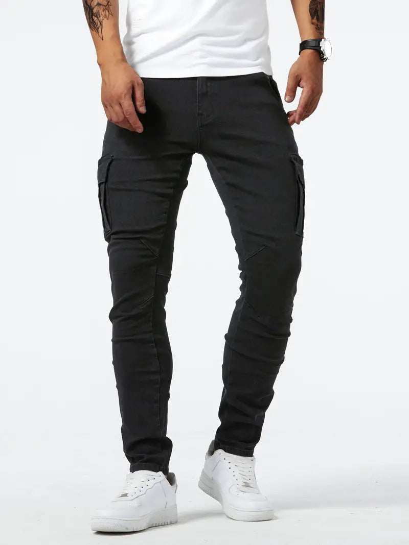 Men Flap Pocket High Stretch Cargo Denim Skinny Jeans