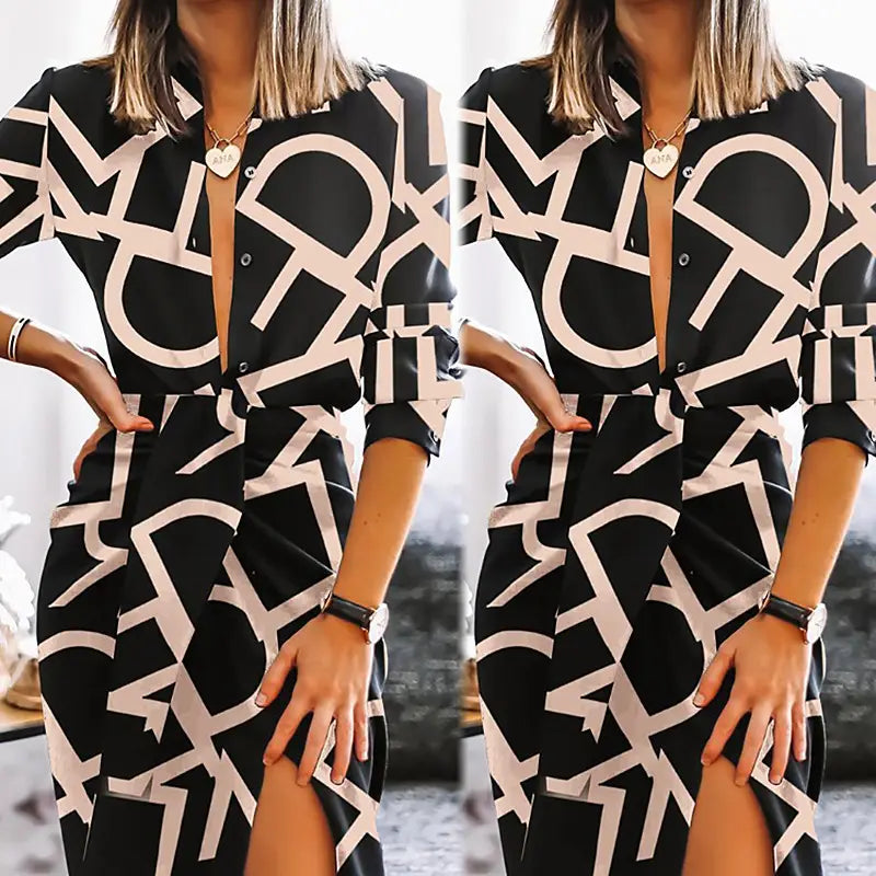 Stretch Print Graphic Letter Front Split Belted Dress