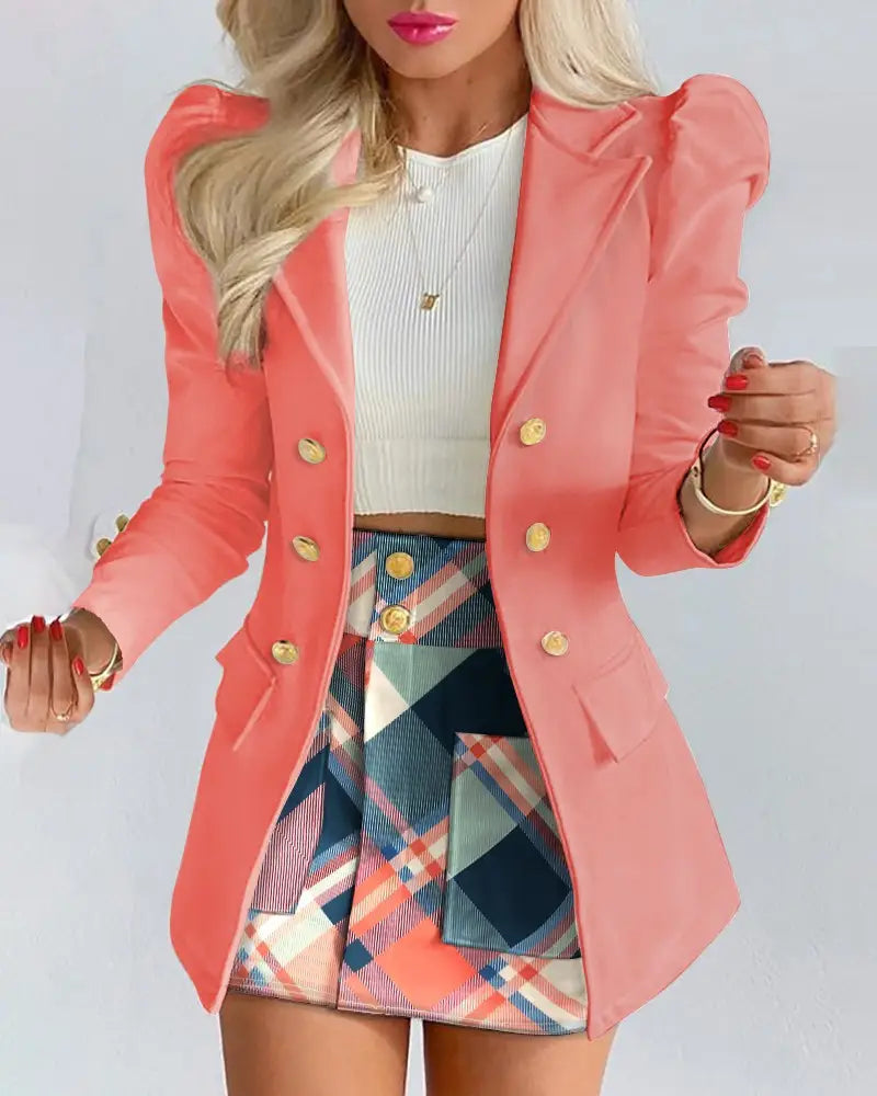 Lapel Collar Side Flap Pocket Blazer & Front Pockets Mini Skirt Set