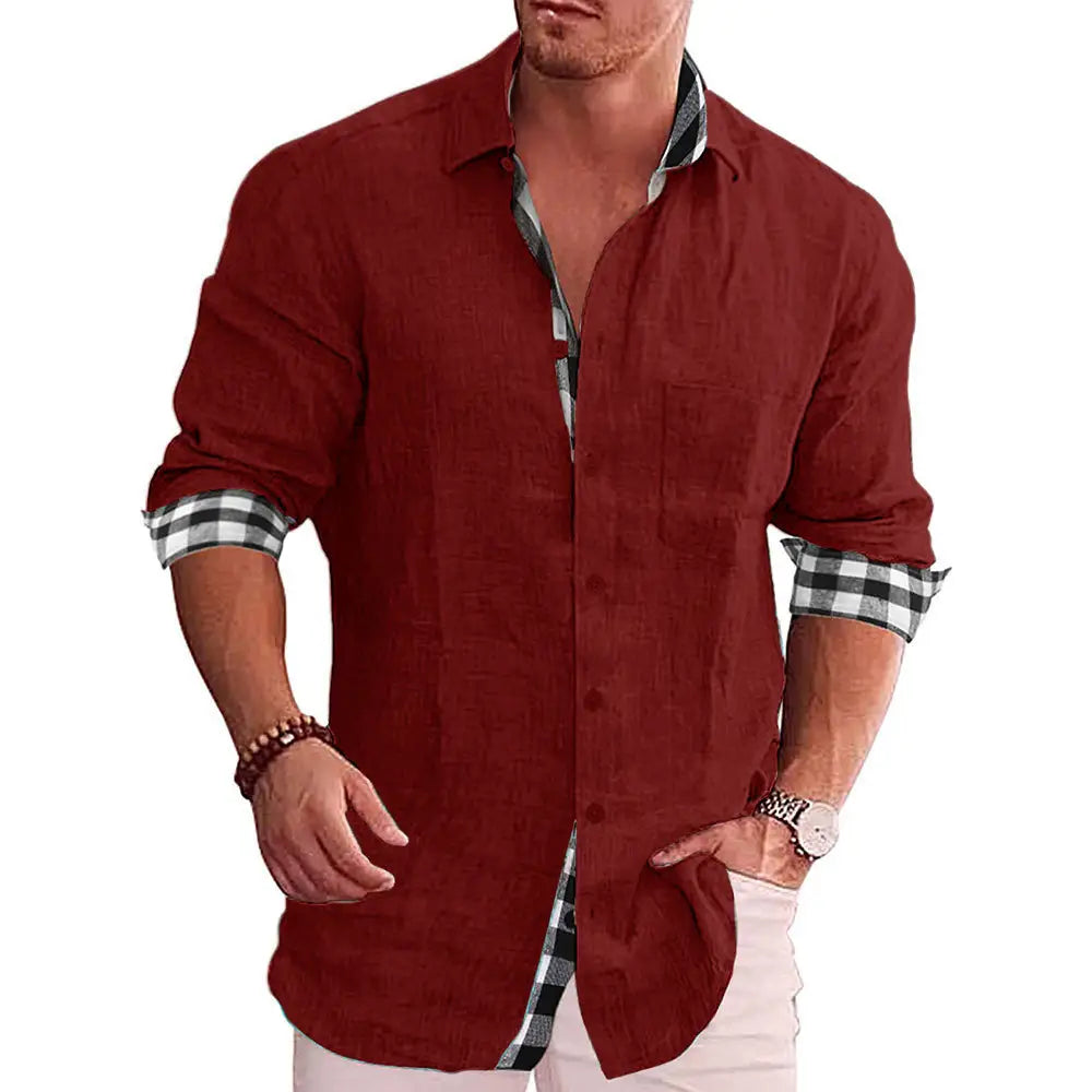 Men Lapel Collar Contrast Plaid Border Solid Button Up Shirt