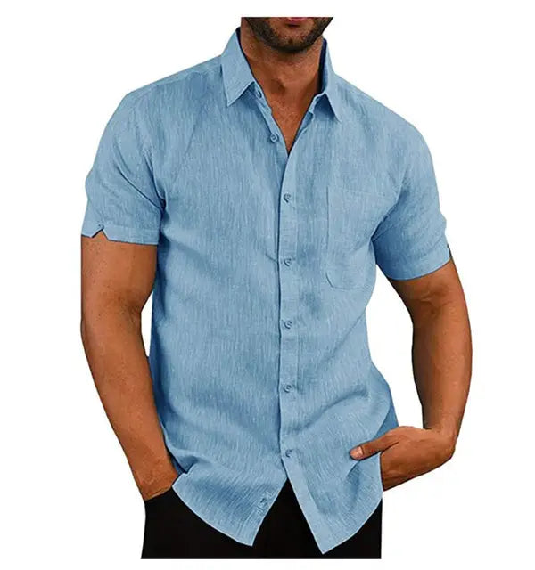 Men Button Up Short Sleeve Lapel Collar Shirt