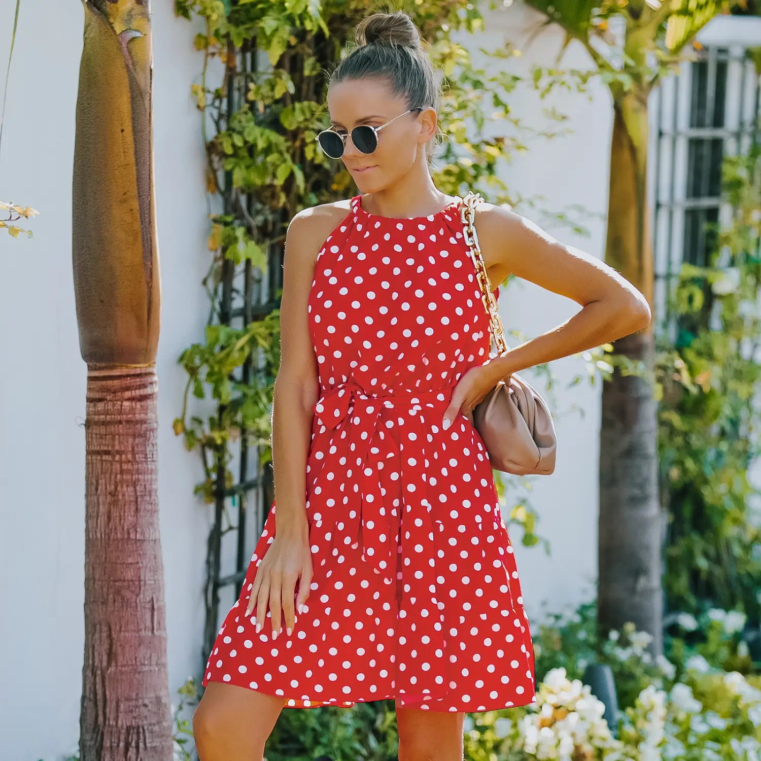 Round Neck Sleeveless Belted Polka Dot Dress