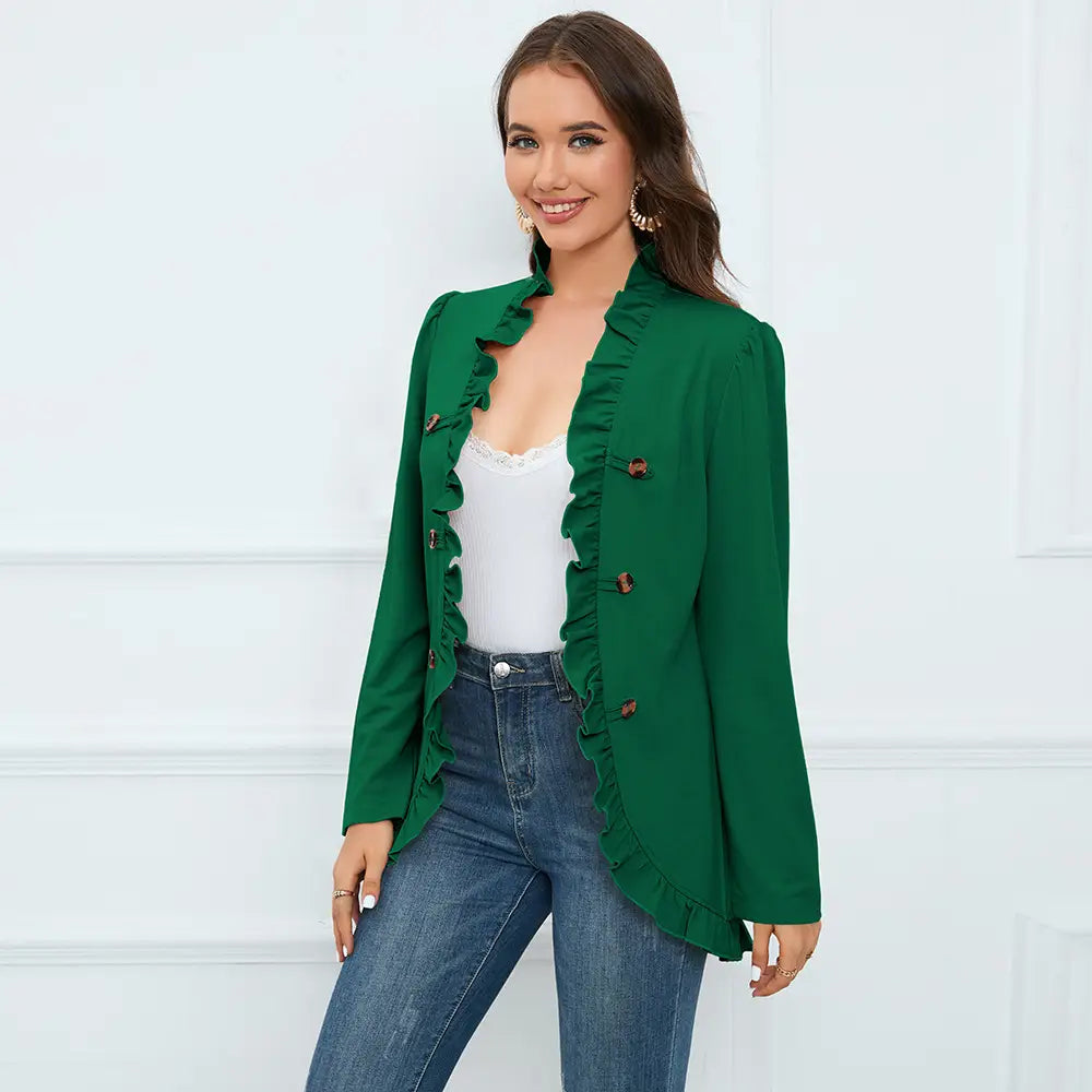 Solid Open Front Ruffle Trim Button Decor Blazer