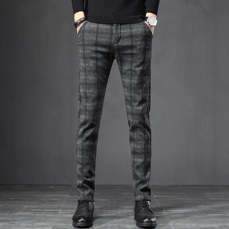 Men Slant Pocket Slim Fit Plaid Suit Pants