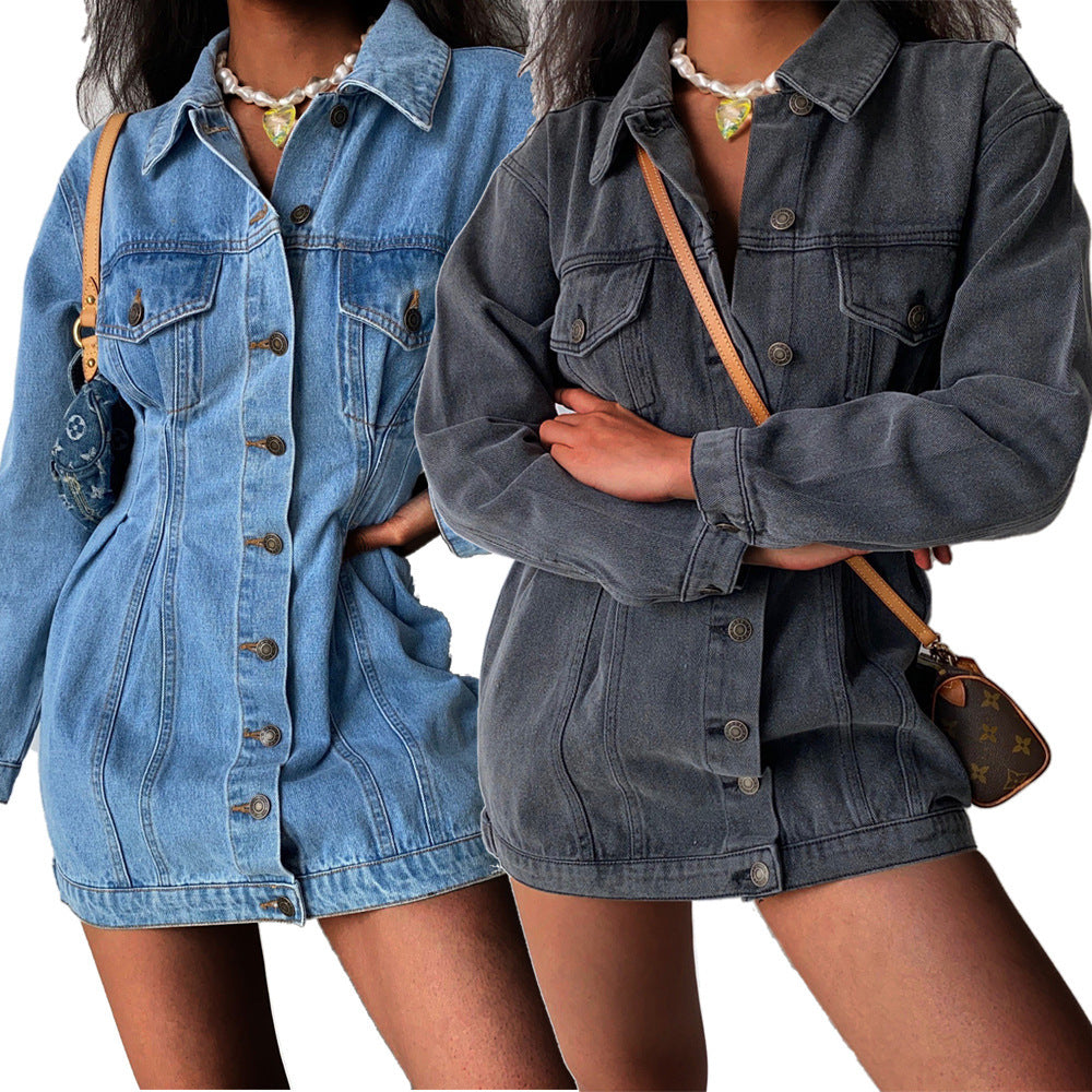 Lapel Collar Front Buttoned Long Sleeve Denim Jacket Dress