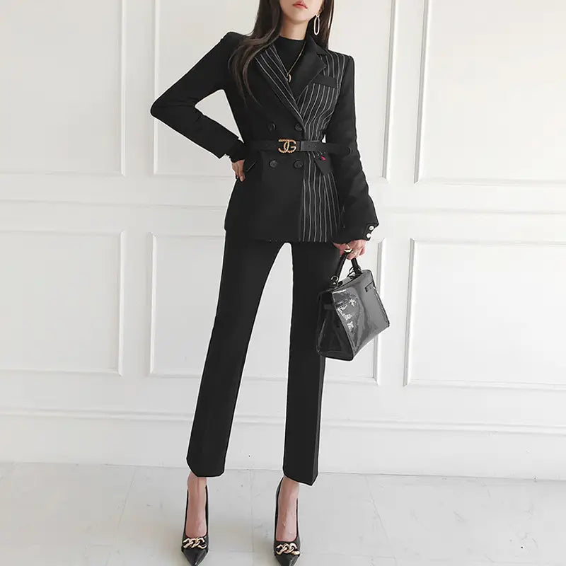 Contrast Striped Panel Lapel Collar Blazer & Tailored Pants