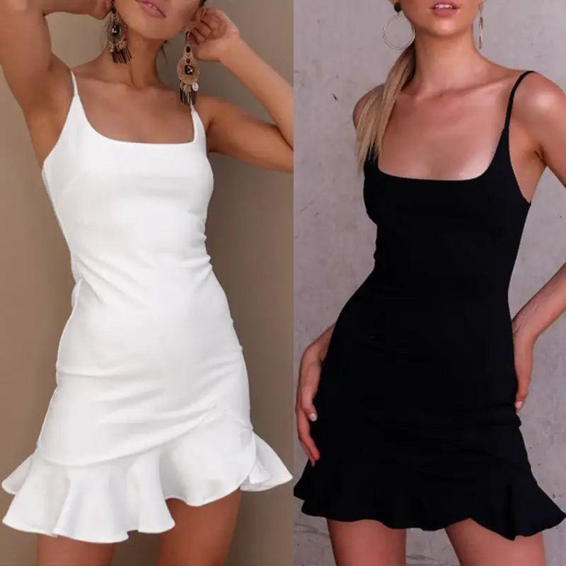 Square Neck Ruffle Hem Adjustable Strap Bodycon Cami Dress