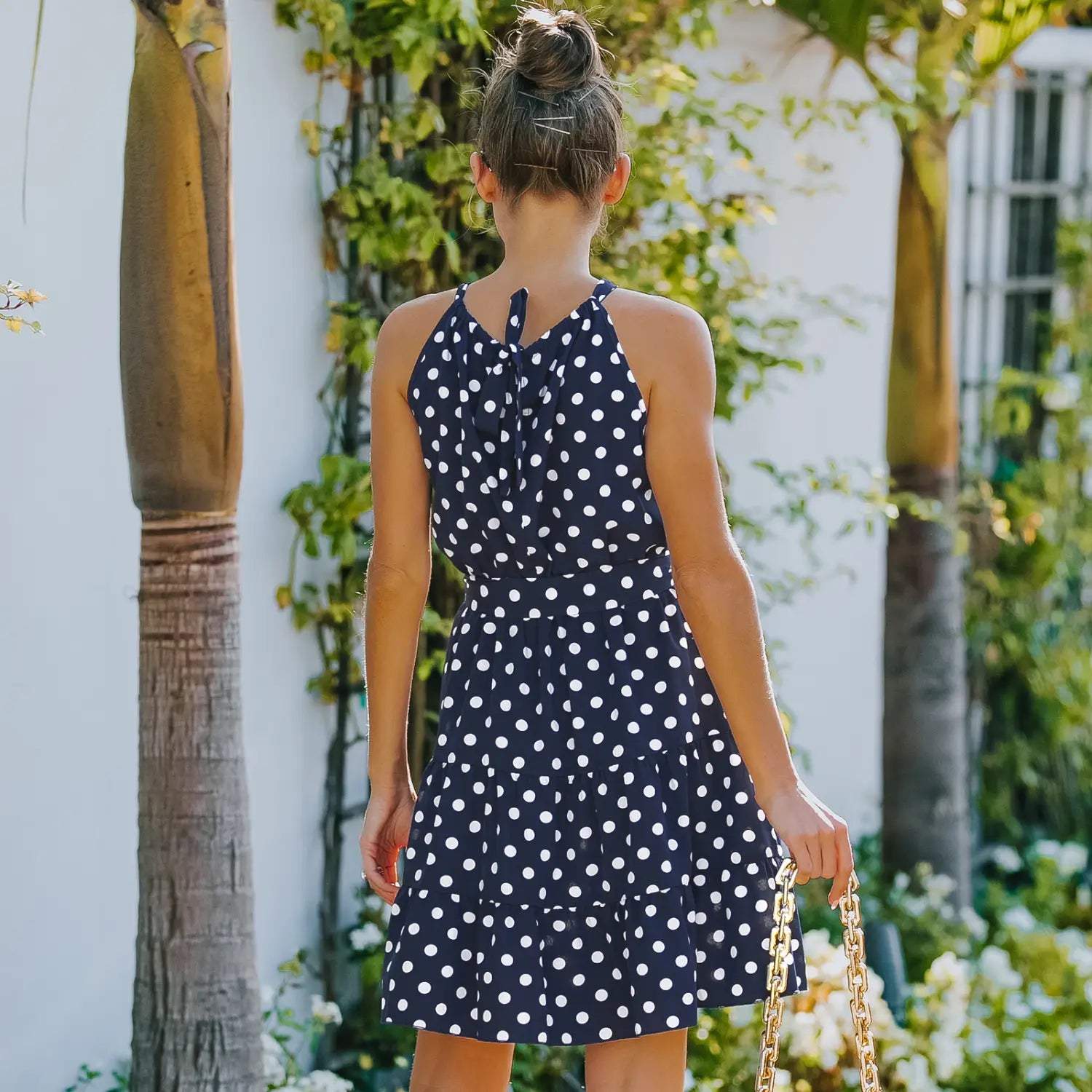 Round Neck Sleeveless Belted Polka Dot Dress